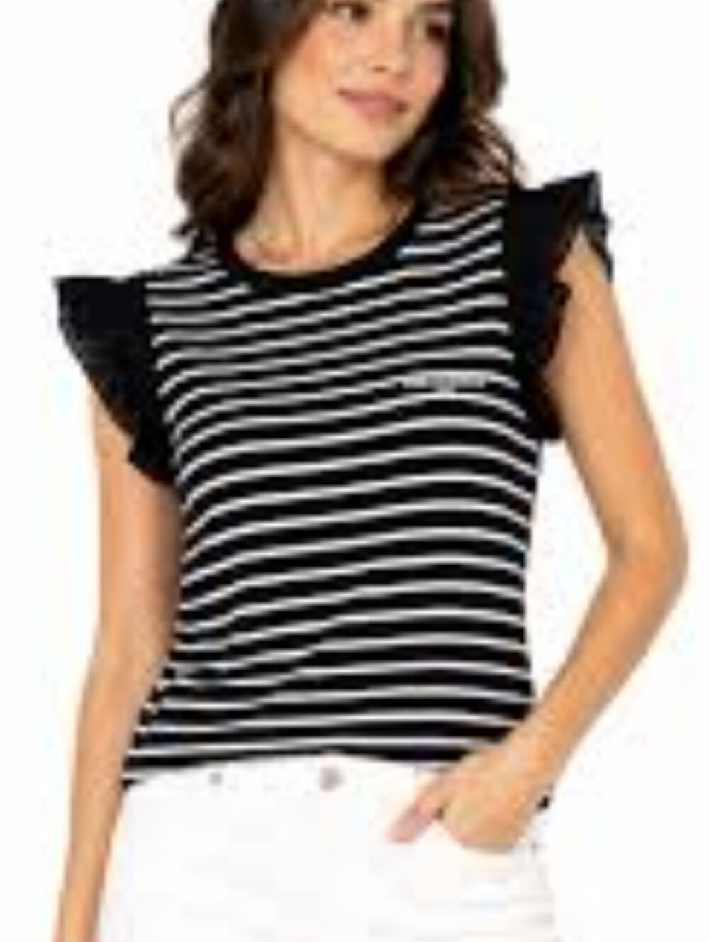 Karl Lagerfeld Black and White Striped Ruffle Sleeve Tee